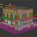 Western Style Saloon Wooden Building With Sign Veranda Barrels And Steps