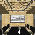 Spacious Meeting Room With Wooden Ceiling Lighting Strips Large Screen And Long Table With Vase