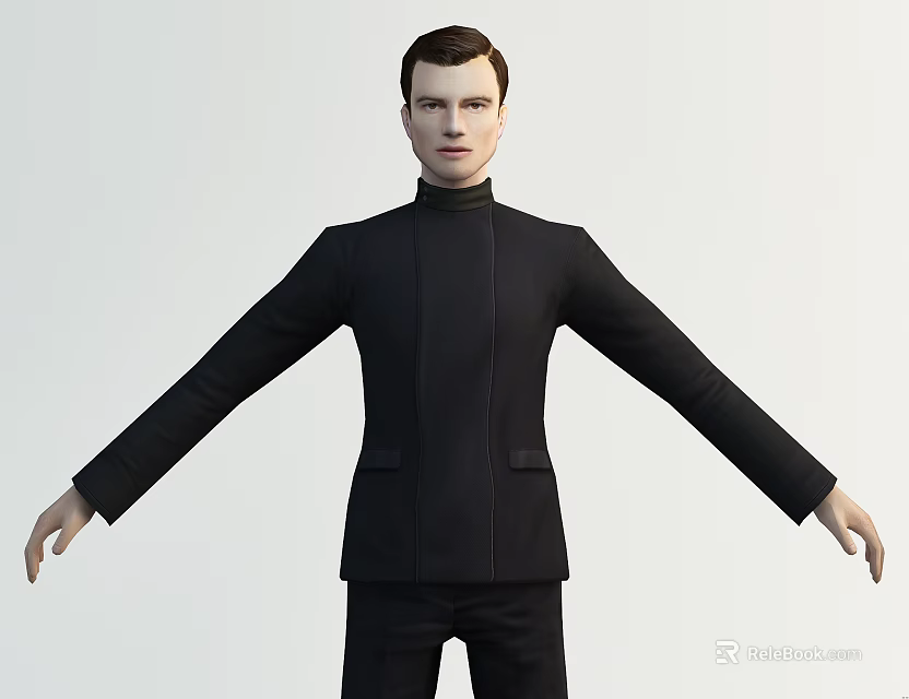 Man in Black Turtleneck Coat Standing with Arms Outstretched on White Background 3d model 