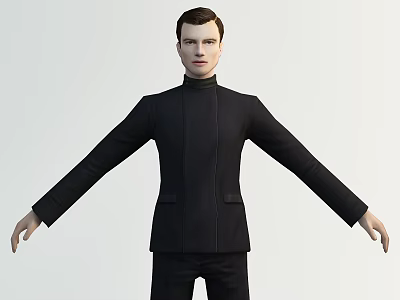 Man in Black Turtleneck Coat Standing with Arms Outstretched on White Background 3d model