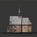 Wooden Church Building With Spire Sloped Roof Walls Windows And Grass Surroundings