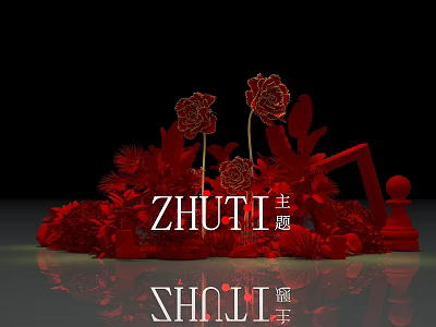 Red Floral Installation With Geometric Shapes And Theme Decor On Reflective Surface 3d model