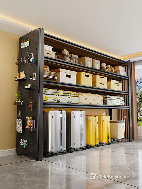 Practical Home Storage Rack With Yellow Storage Boxes Silver Yellow Suitcases And Folded Fabrics 3d model 