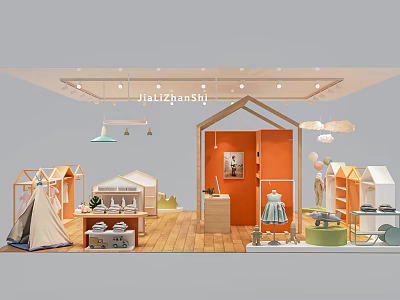 Kids Clothing Store Interior With House Shaped Display Racks Tent And Hanging Lights 3d model