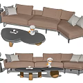 Modern Brown Sectional Sofa With Decorative Pillows Round Coffee Table And Side Lamp 3d model