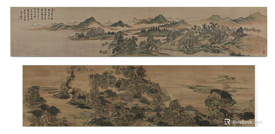 Traditional Chinese Landscape Painting With Distant Mountains Rivers Trees Boats Rocky Landscapes And Buildings 3d model 