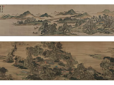 Traditional Chinese Landscape Painting With Distant Mountains Rivers Trees Boats Rocky Landscapes And Buildings 3d model