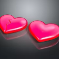 Red Heart Shaped Decorative Ornament Set With One Cracked Piece On Dark Background