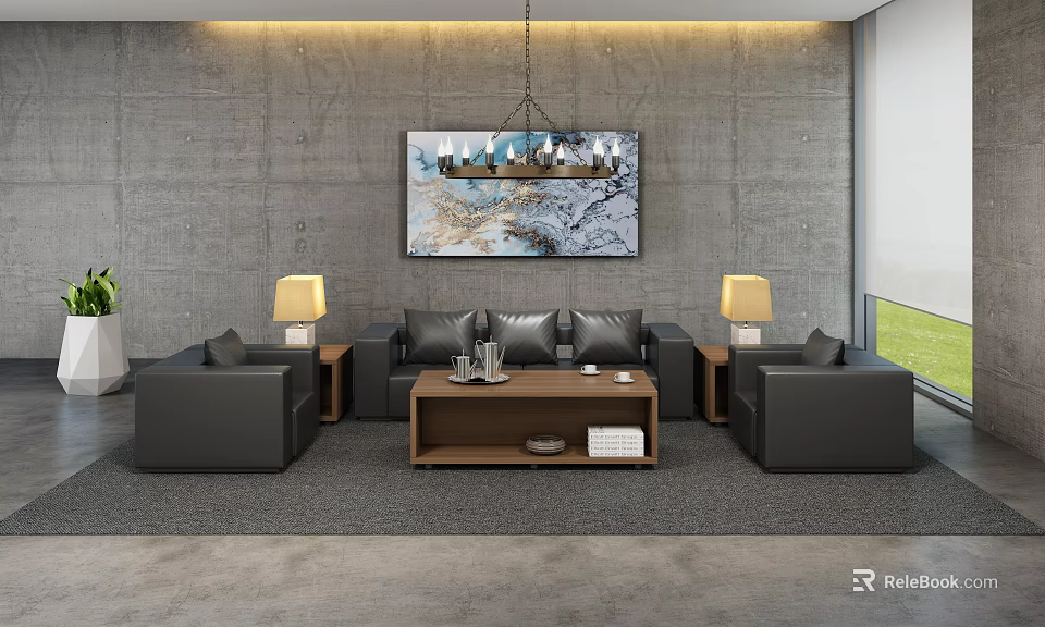 Modern Office Lounge Area With Gray Concrete Walls Large Decorative Painting And Black Leather Sofas 3d model 