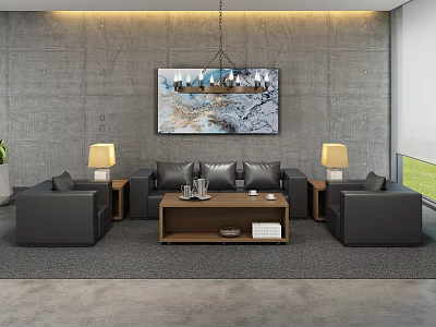 Modern Office Lounge Area With Gray Concrete Walls Large Decorative Painting And Black Leather Sofas 3d model