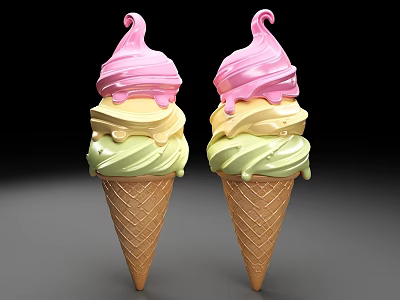Two Colorful Waffle Ice Cream Cones With Multiple Flavor Layers And Pink Swirl Topping 3d model