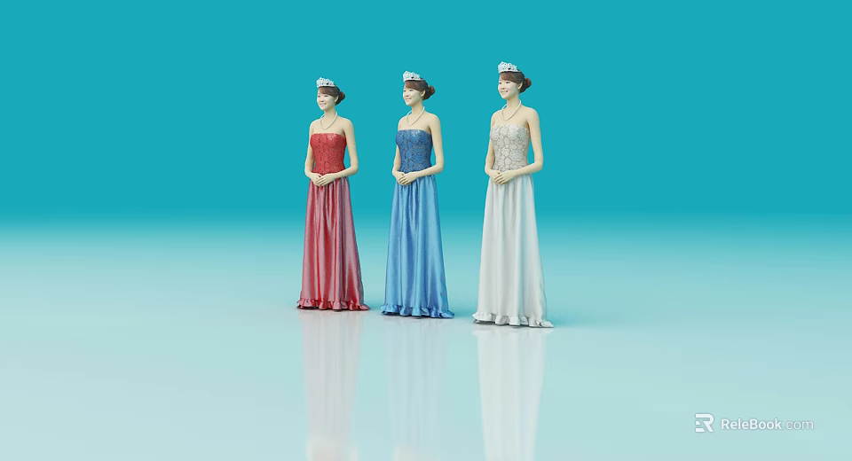 Three female models in red blue white long dresses with headpieces against blue background 3d model 