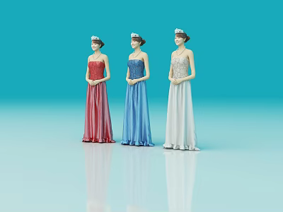 Three female models in red blue white long dresses with headpieces against blue background 3d model