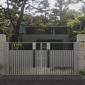 Modern Villa Front Gate Door Handle With White Fence And Green Trees