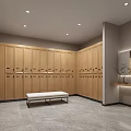 Modern Wooden Locker Room With Bench Lighting Mirror And Plant Decoration