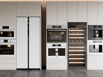 Modern Kitchen With Built In Appliances White Cabinets Refrigerator Oven Wine Cooler And Coffee Machine 3d model