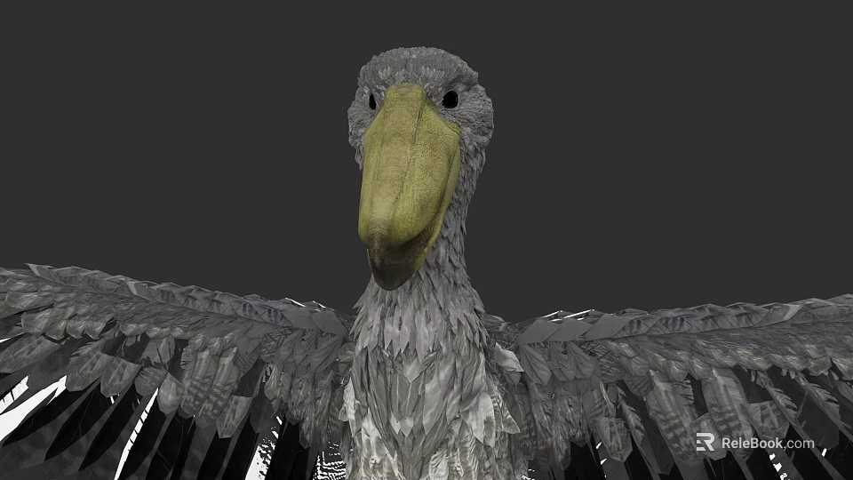 Close up view of pelican with large yellow beak and gray feathered spread wings 3d model 