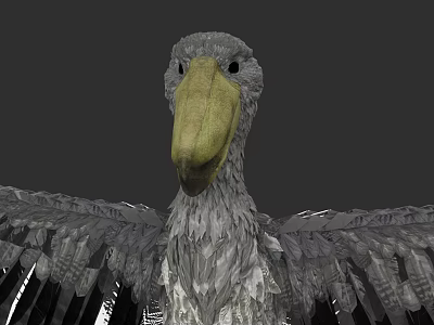 Close up view of pelican with large yellow beak and gray feathered spread wings 3d model