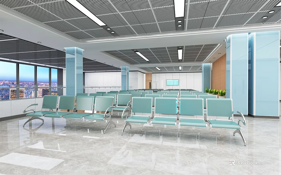 Spacious Modern Waiting Area With Light Blue Chairs Grid Ceiling Large Windows And Columns 3d model 