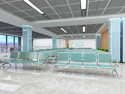 Spacious Modern Waiting Area With Light Blue Chairs Grid Ceiling Large Windows And Columns 3d model