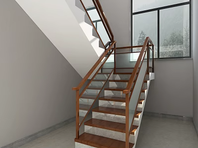 Modern Staircase With Wooden Handrail Glass Railing And Stone Steps Near Large Window View 3d model
