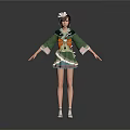 Traditional Green Kimono Outfit On Female Character With Decorative Sash And Hairstyle