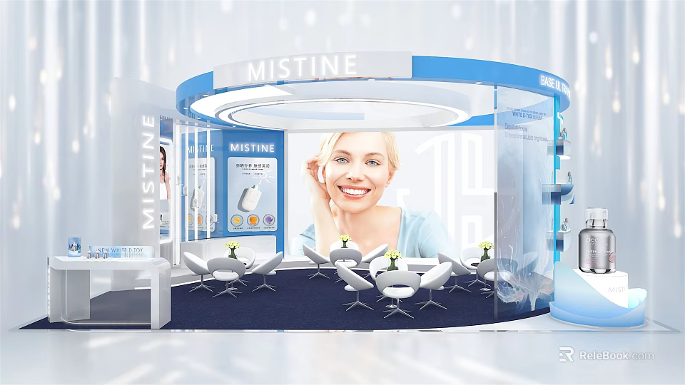 MISTINE Circular Blue Exhibition Booth With Seats And Product Displays 3d model 