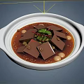 Dark Cube Tofu in Brown Sauce with Green Scallions and Beans in White Bowl