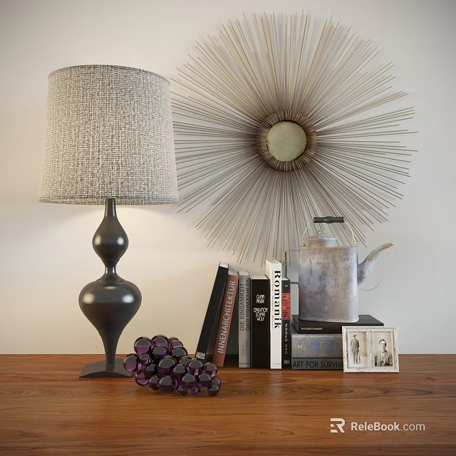 Decorative Ornament Collection with Linen Lampshade Starburst Decor Metal Teapot Books Purple Beads Photo Frame 3d model 