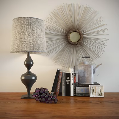Decorative Ornament Collection with Linen Lampshade Starburst Decor Metal Teapot Books Purple Beads Photo Frame 3d model