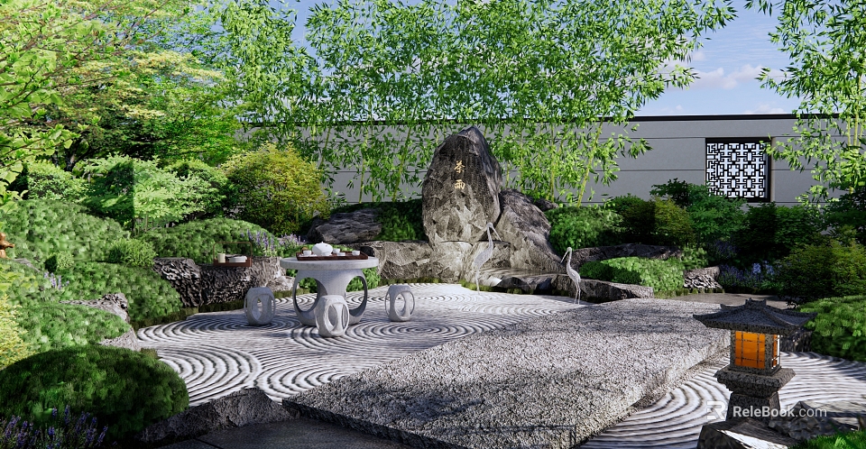 Rockery Stone as Centerpiece in Garden with Green Plants Stone Table and Wavy Stone Path 3d model 