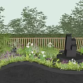 Garden Ornament With Central Fountain Surrounded By Colorful Flowers And Lush Green Plants