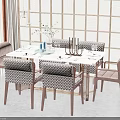 Modern Dining Table Set With Patterned Chairs Green Plants Tableware And Wooden Lattice Wall