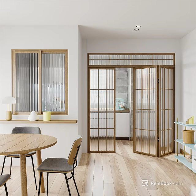 Modern Restaurant Interior With Wooden Round Table Chairs Glass Sliding Doors And Light Wooden Flooring 3d model 