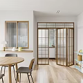 Modern Restaurant Interior With Wooden Round Table Chairs Glass Sliding Doors And Light Wooden Flooring