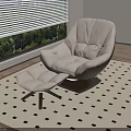 Modern Beige Padded Lounge Chair With Ottoman On Area Rug By Window With Greenery View