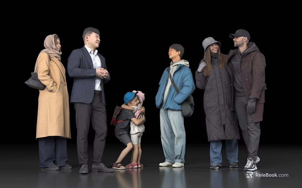 Diverse Group of People Standing and Interacting with Various Outfits and Accessories 3d model 