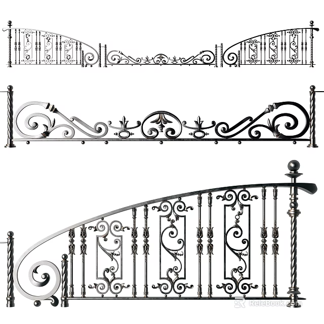 Decorative Wrought Iron Fence With Ornate Scroll Designs And Railings 3d model 