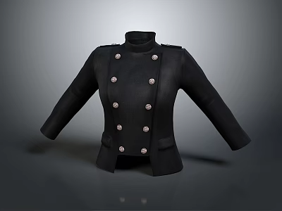 Black Double Breasted Jacket with Metal Buttons Stand Collar and Shoulder Details 3d model