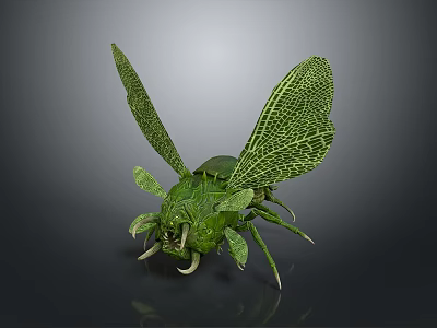 Intricate Green Insect Sculpture Carving With Detailed Net-like Wings And Beetle Form 3d model