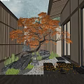 Japanese Style Courtyard Garden With Orange Maple Tree Stones Lantern Pebble Path And Wooden Deck