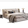 Stylish Double Bed With Upholstered Headboard Decorative Pillows And Plaid Blanket