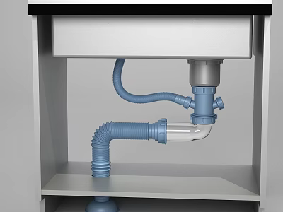 Kitchen Sink Plumbing System With Flexible Pipes Under Cabinet Components 3d model
