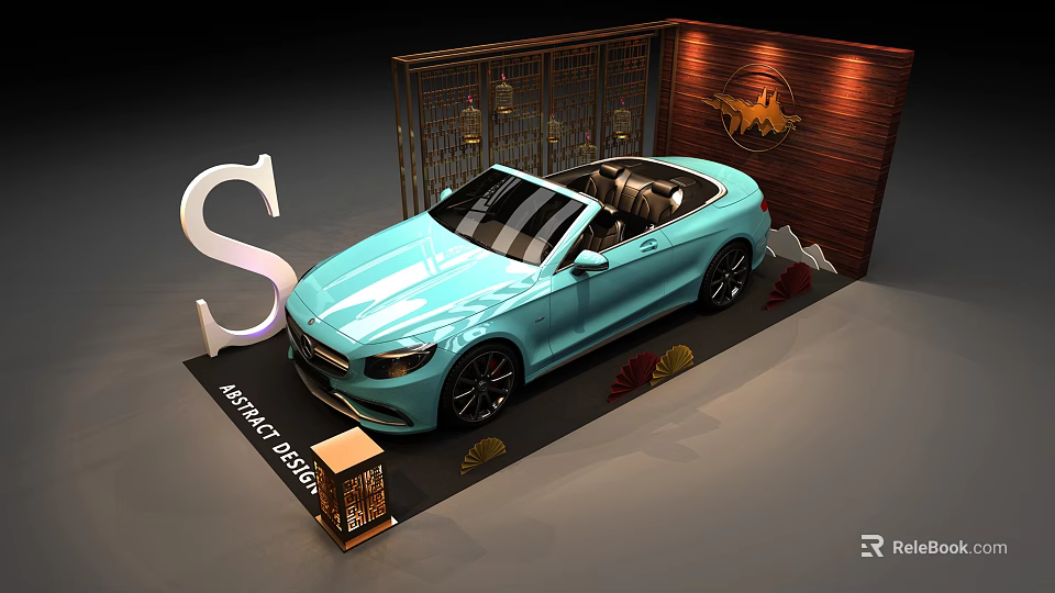 Showcase Shelves With Minty Blue Convertible Car Wooden Backdrop And Metal Grille 3d model 