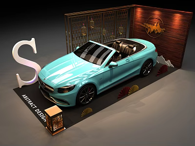 Showcase Shelves With Minty Blue Convertible Car Wooden Backdrop And Metal Grille 3d model