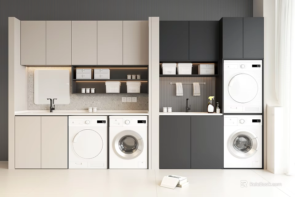 Modern Bathroom Cabinet Rack Design With Washing Machine Storage And Mirror Units 3d model 