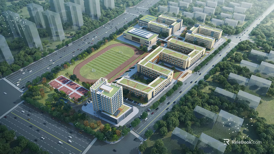 Modern School Buildings with Green Roofs Connected Structures Sports Field Surrounding Trees and Roads 3d model 