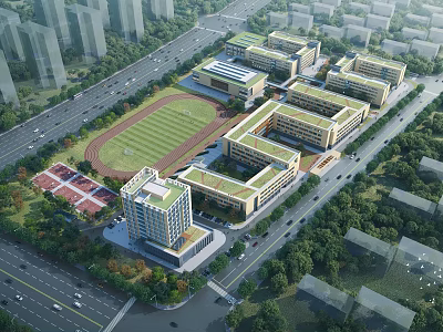 Modern School Buildings with Green Roofs Connected Structures Sports Field Surrounding Trees and Roads 3d model