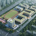 Modern School Buildings with Green Roofs Connected Structures Sports Field Surrounding Trees and Roads