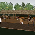 Outdoor Animal Enclosure With Thatched Roof Shelter Camels Horses And Wooden Deck Where People Interact